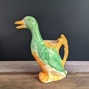 Vintage Colorful Green and Yellow Hand Painted Majolica Duck Pitcher